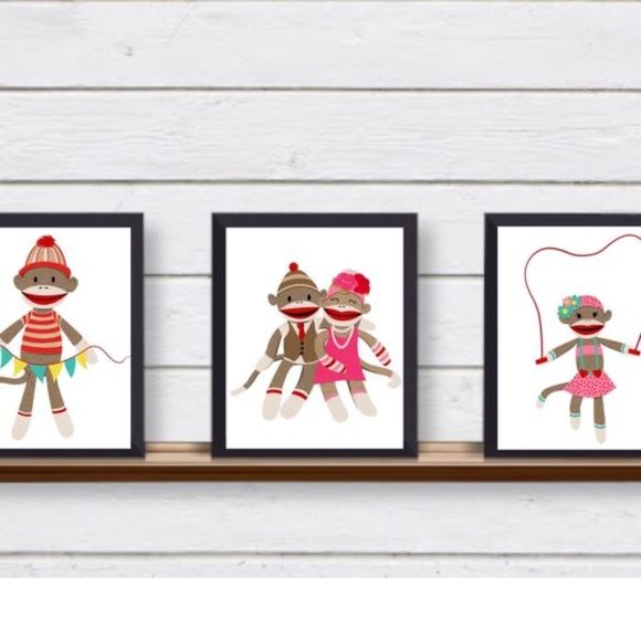 Set of 3 Sock Monkey UNFRAMED Wall Art Prints for Children's Bedroom Boy or Girl - Picture 1 of 1